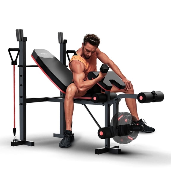 HARISON Adjustable Weight Bench with Barbell Rack, 660 LBS Capacity Weight Bench Set with Leg Extension & Preacher Pad for Home Gym Full Body Workout