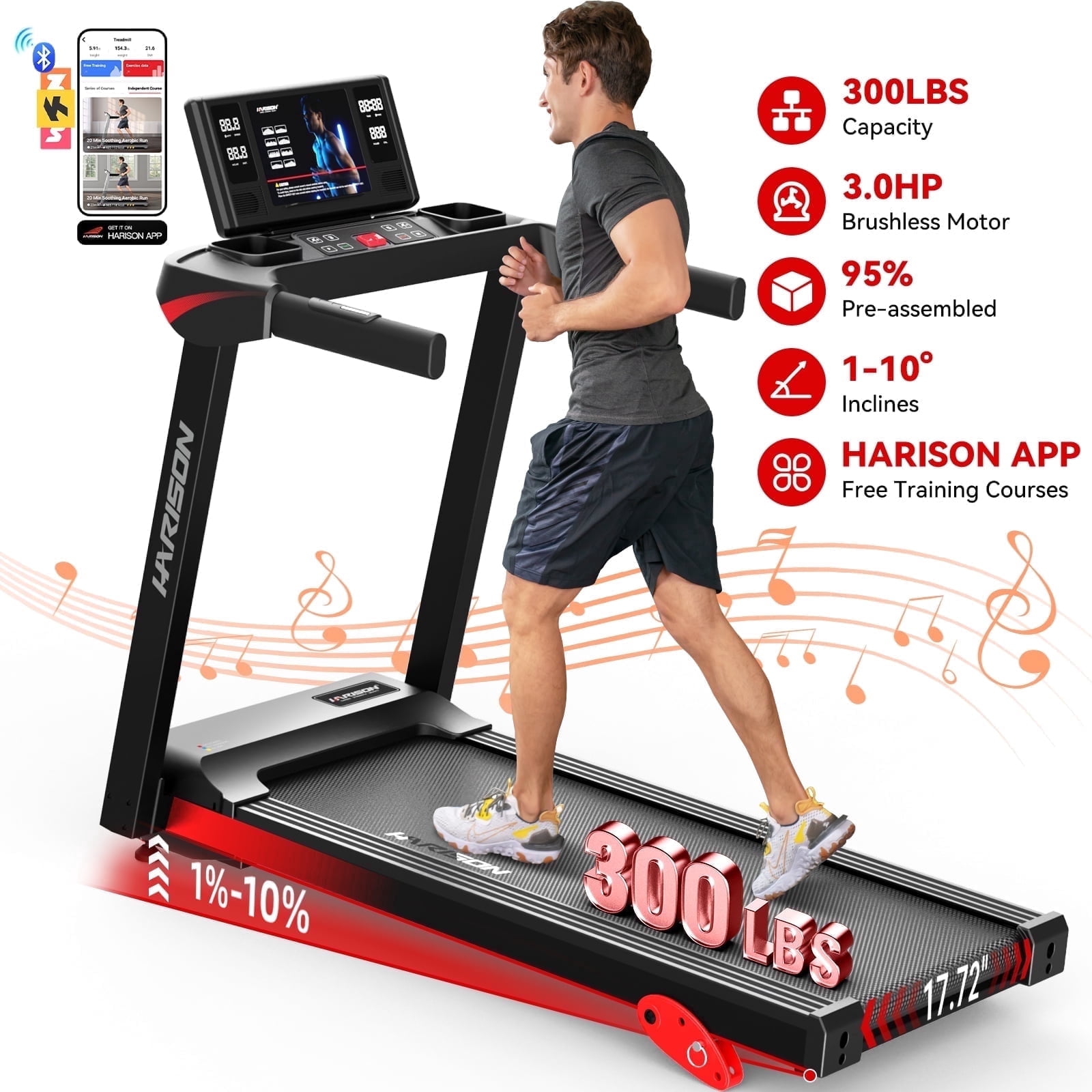 HARISON Treadmill 300 lb Capacity with 3.0 HP Motor, Running Machine for Home, Treadmill with Incline (16 km/h)
