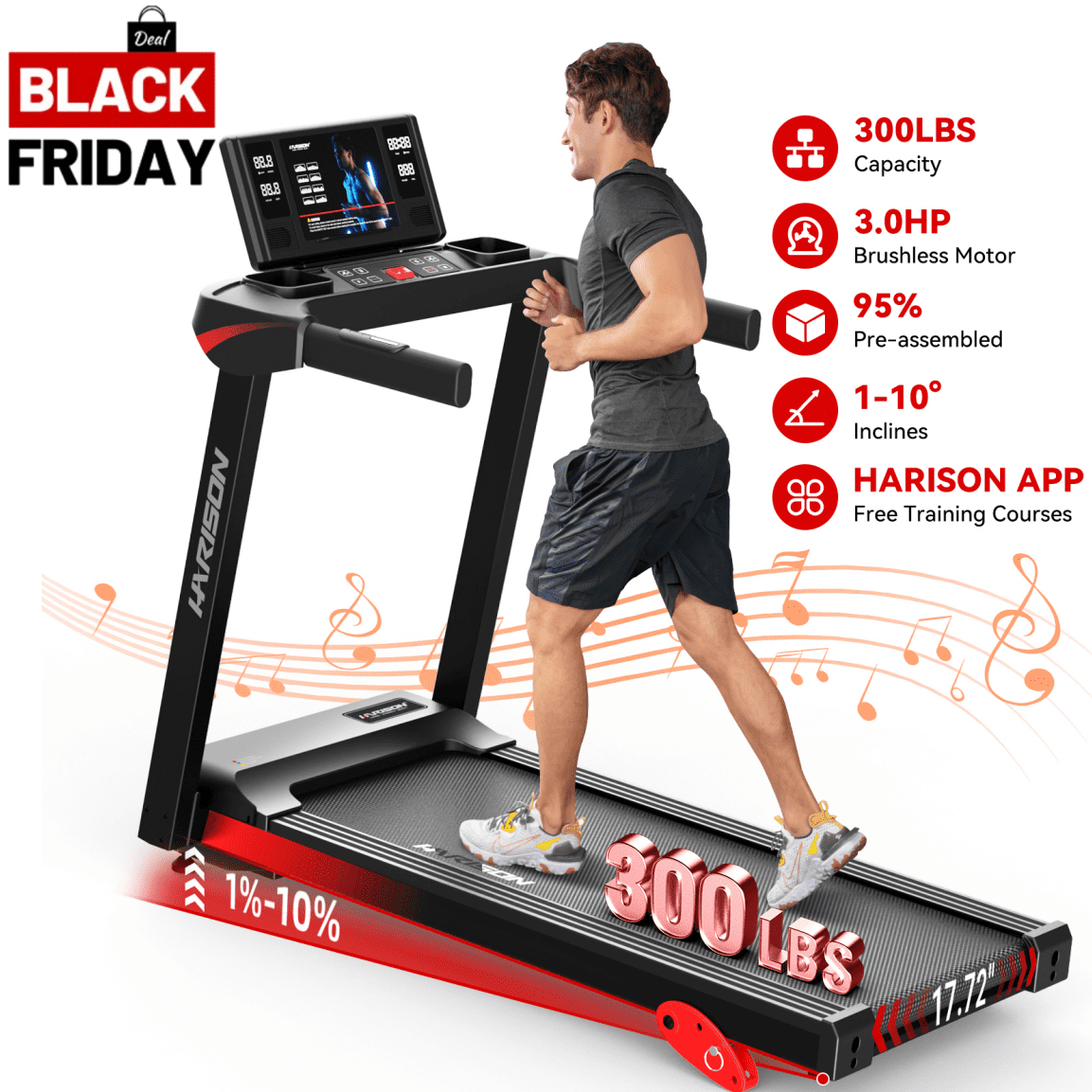 HARISON Treadmill 300 lb Capacity, Running Machine with Incline, 3.0 HP Motor, 16 km/h Speed, Treadmills for Home