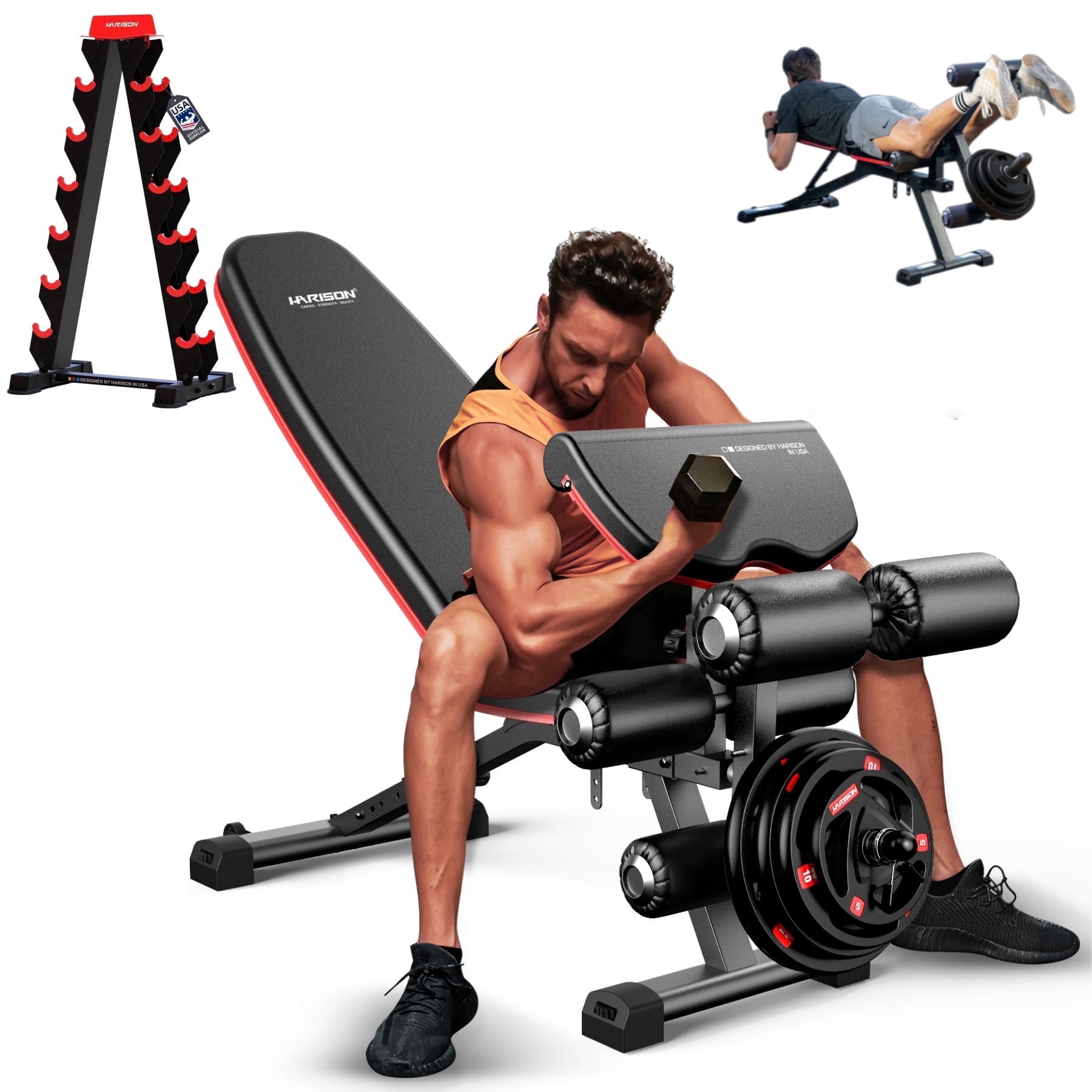 HARISON Adjustable Weight Bench with Leg Extension and Preacher Pad, 1000LBS Workout Bench with 6-Tier A-Frame Dumbbell Rack Stand, Heavy Duty Home Gym Strength Training Set(No Weights or Bar)