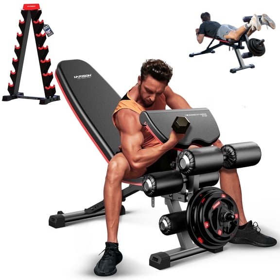 HARISON Adjustable Weight Bench with Leg Extension and Preacher Pad, 1000LBS Workout Bench with 6-Tier A-Frame Dumbbell Rack Stand, Heavy Duty Home Gym Strength Training Set(No Weights or Bar)
