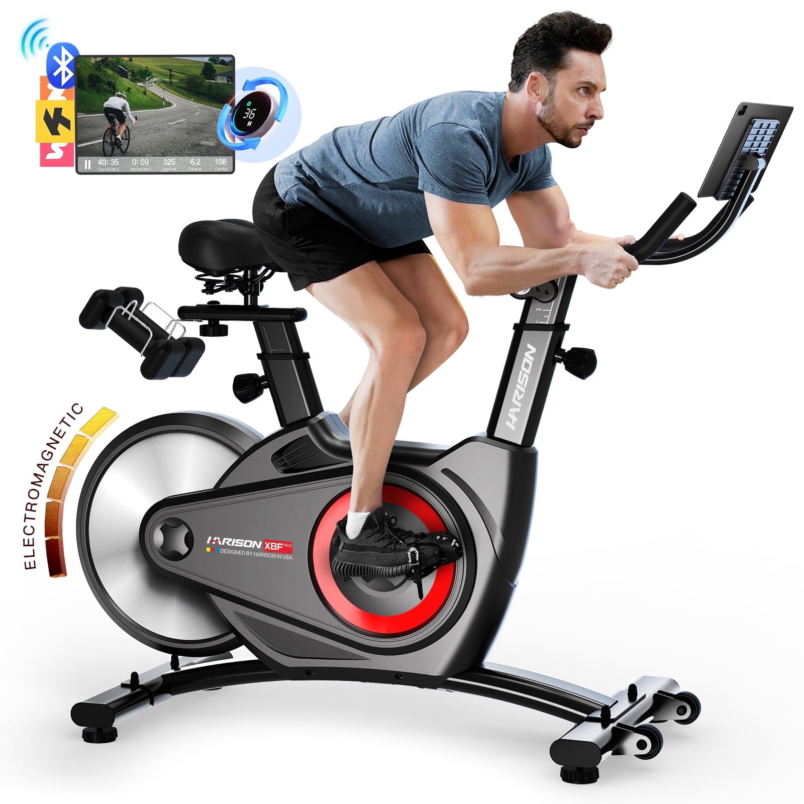 HARISON Semi-Commercial Exercise Bike with 36 Levels Resistance,  Workout Bike with 400 lb Capacity, Stationary bike with 2 in 1 LED Display for Resistance Control and Bluetooth