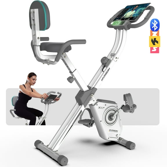 HARISON Foldable Magnetic Exercise Bike with Arm Resistance Bands, 5-in-1 X-Bike for Home, 16-Level Resistance, Bluetooth, LCD Monitor & Back Support, 350 LBS Capacity