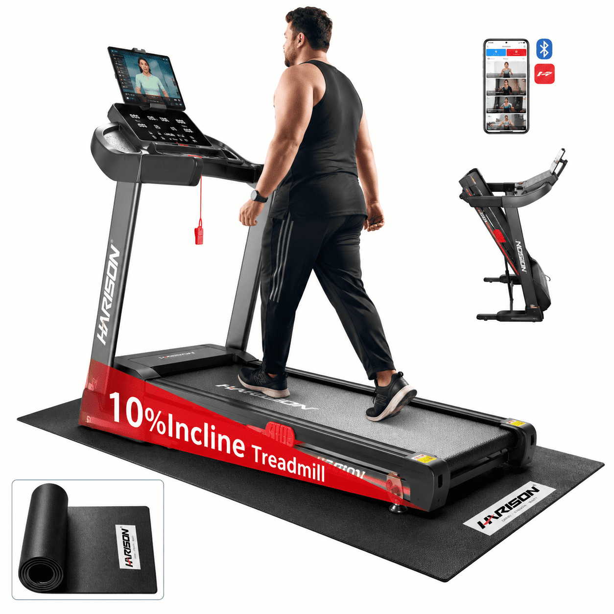 HARISON Foldable Treadmill for Home Gym with Equipment Mat, 10% Incline ...