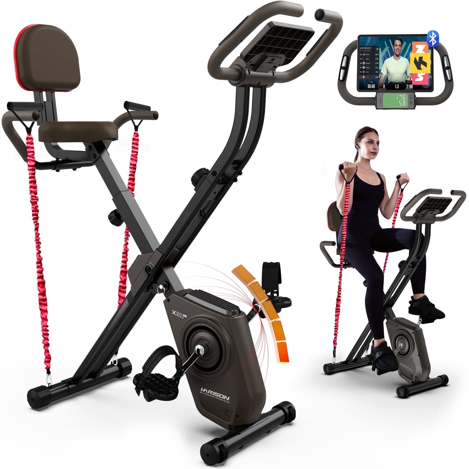 HARISON Folding Exercise Bike 350 LBS Capacity, Stationary Exercise Bike for Home with 16-Level Resistance and Arm Resistance Bands, Magnetic X-Bike with LCD Monitor
