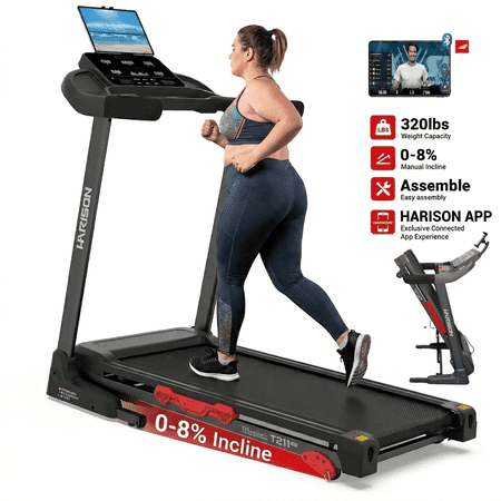 HARISON Folding Treadmill with Incline, Heavy-Duty Treadmills 320lb Capacity, Running Machine for Home with HARISON Bluetooth & Adjustable Tablet Stand, 90% Pre-assembled, 64 Preset Program