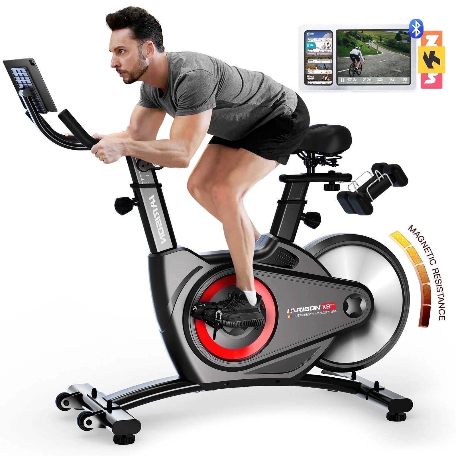 HARISON Semi-Commercial Magnetic Exercise Bike with 400LBS Capacity, Indoor Cycling Bike with Bluetooth, Tablet Holder & Dumbbell Rack for Home Gym