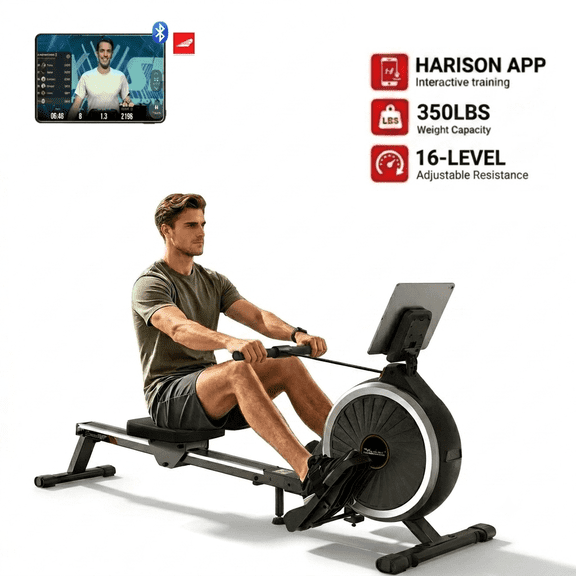 HARISON Magnetic Rowing Machine with 16-Level Resistance, Heavy Duty Row Machine with Smooth Aluminum Rail & 350lbs Weight Capacity for Home Gym