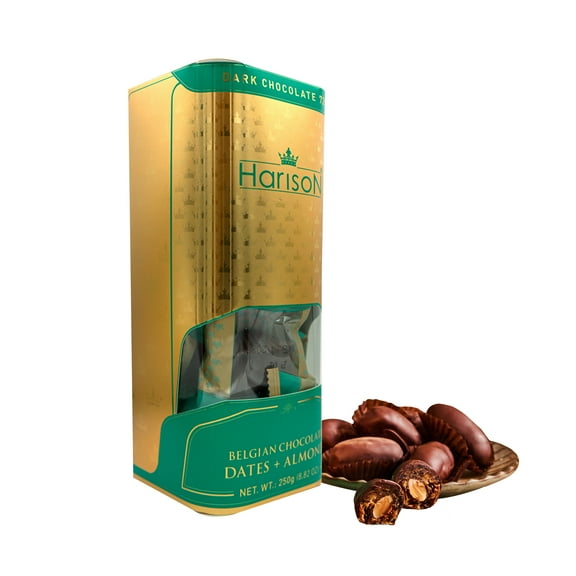 Harison Dark Chocolate Dates with Almond, Premium Khudri Dates, Stuffed with Almonds, Double-Coated Belgian Dark Chocolate, 1 Count, 8.82 oz (250g)