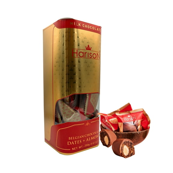 HARISON Premium Milk Chocolate Dates with Almond 250g  Grade 1 Premium Khudri Dates Stuffed with USA Almonds & Double-Coated in Rich Belgian Milk Chocolate  Made in Dubai