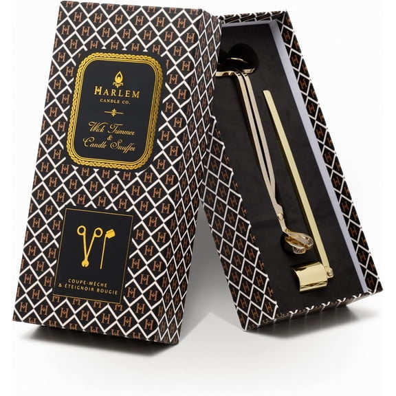 HARLEM CANDLE CO. Luxury Snuffer/Trimmer Set of 2, Candle Snuffer Extinguisher and Candle Wick Trimmer Cutter, Stainless Steel with Gold Finish, Gift Box Packaging