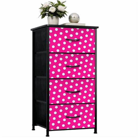 HARLOR300 | Hot Pink Polka Dot 4-Drawer Dresser Steel Frame, Wood Top, Fabric Drawers Made in USA
