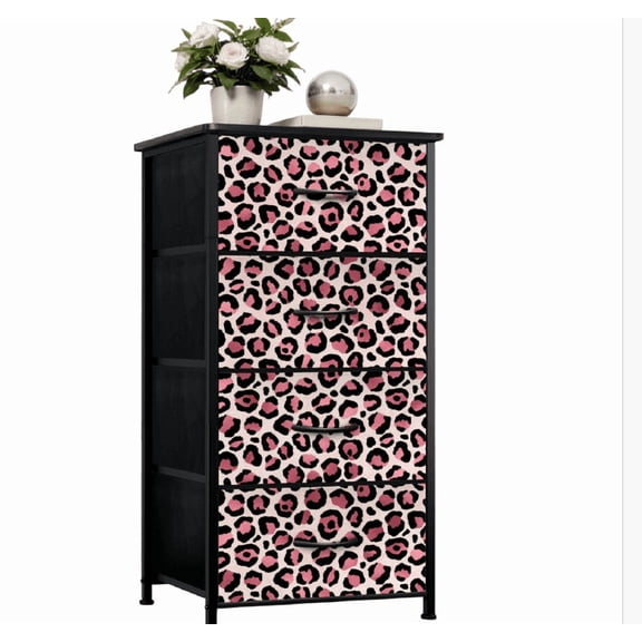 HARLOR300 | Pink Leopard Black 4-Drawer Dresser Steel Frame, Wood Top, Fabric Drawers Made in USA
