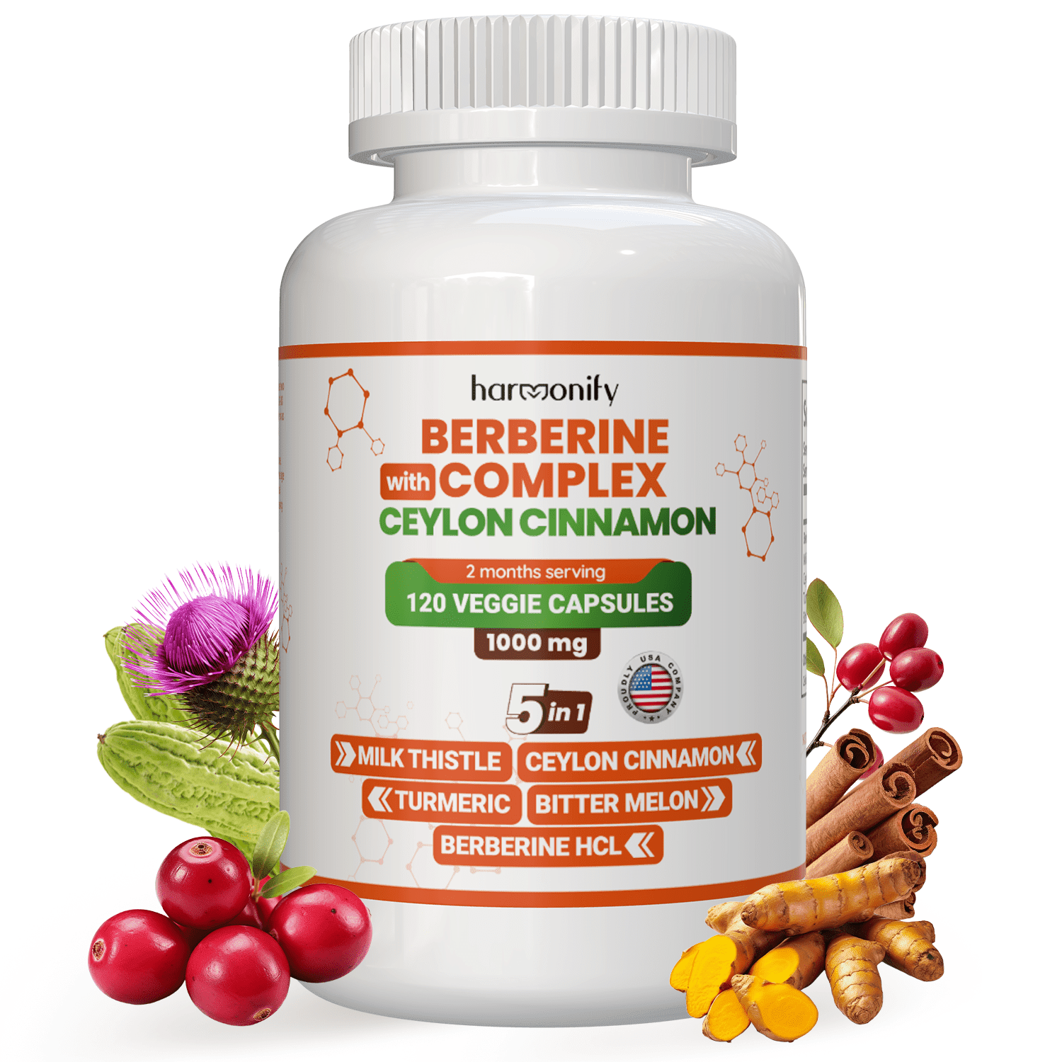 HARMONIFY Berberine with Ceylon Cinnamon, Pure Turmeric, Milk Thistle Bitter Melon, 5 in 1 Formula, 120 Purified Veggie Capsule 1000 Mg | Gluten Free, Non-Gmo