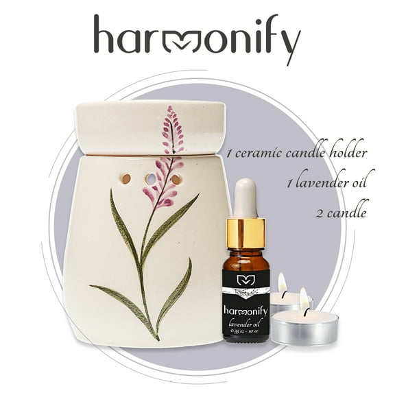 HARMONIFY Ceramic Diffuser and Censer, Lavender Oil Dropper and 2 Candles, Lavender Oil Aromatherapy, Candle Holder for Living Room, Patio, Balcony, Spa; Great for Romantic Time, Yoga and Meditation