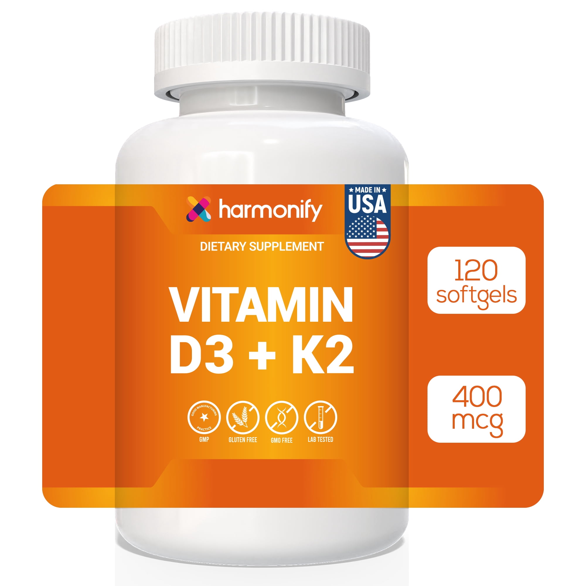HARMONIFY Vitamin D3 K2 400 mcg120 Softgels, Immune Support, Non-GMO Supplement, Proudly USA Company