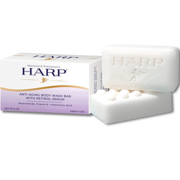 HARP Anti-Aging Body Wash Bar With Retinol + Niacinamide, Vitamin E, Hyaluronic Acid. 100% Syndet Base. Soap/Lye/Dyes and preservative-free. Non-comedogenic. FRAGRANCE FREE. 5oz