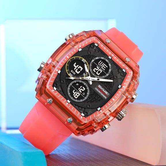 HARPI Watermelon Red metal Multifunction Watch, Men's Outdoor Sports Digital Watch Waterproof With Luminous Display Su, Shock Resistant Analog-Digital Dual Display Timepiece