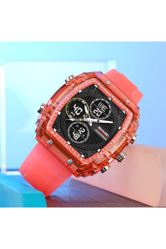 Watermelon Red metal Multifunction Watch, Men's Outdoor Sports Digital Watch Waterproof With Luminous Display Su, Shock Resistant Analog-Digital Dual Display Timepiece