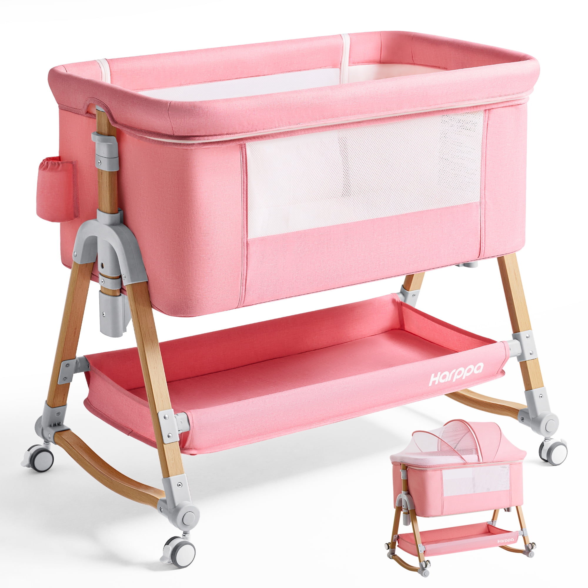 HARPPA 3 in 1 Baby Bassinet, Bedside Sleeper, Cradle, Pink, 0-6