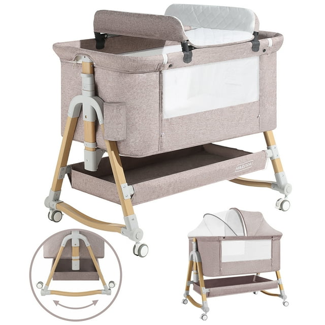 HARPPA 4 in 1 Baby Bassinet Bedside Sleeper, Height Adjustable, Easy Folding, Khaki