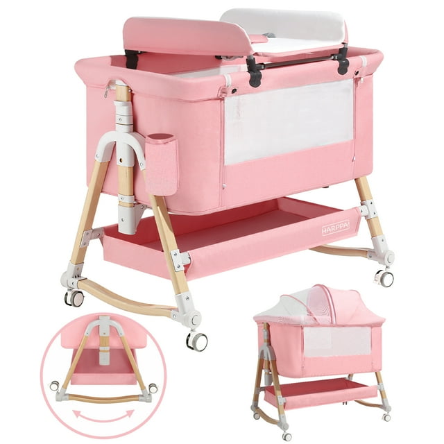 HARPPA 4 in 1 Baby Bassinet Bedside Sleeper, Height Adjustable, Easy Folding, Pink