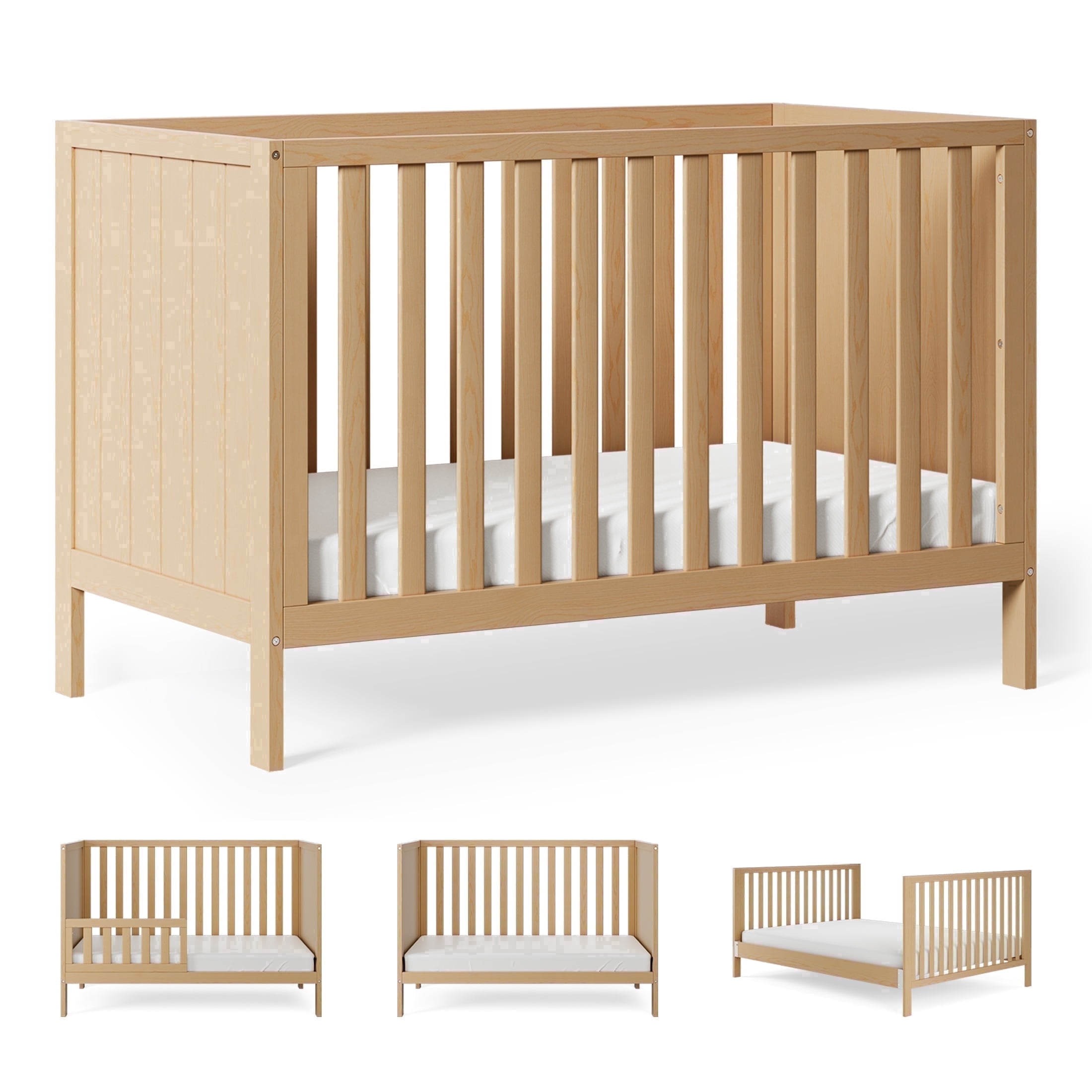 HARPPA 5-in-1 Convertible Baby Crib for Infant to Toddler, Natural Wood,Greenguard Gold Certified