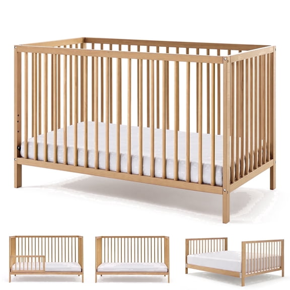 HARPPA Convertible Baby Crib, Wood Full-Size Crib with 3 Mattress Heights, Natural Wood,Greenguard Gold Certified