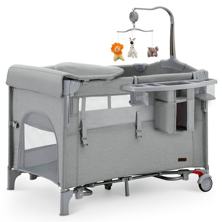 HARPPA 5 in 1 Portable Playard and Bassinet Bedside Sleeper for Newborn to Toddler, Unisex, Gray