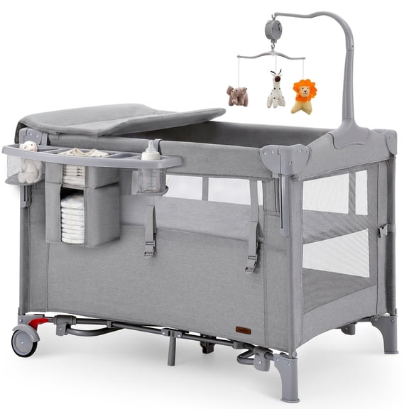 HARPPA 5-in-1 Pack and Play with Bassinet & Bedside Sleeper for Newborn, Gray