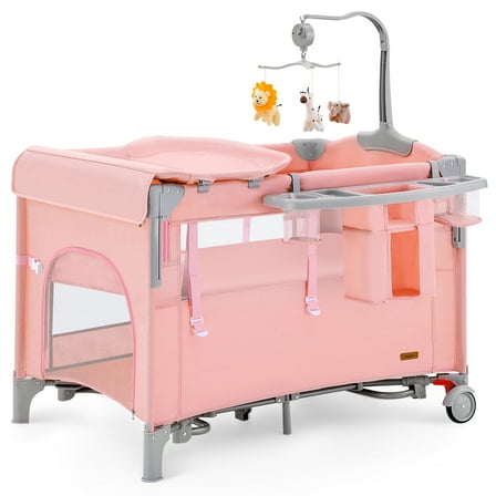 HARPPA 5 in 1 Baby Playard with Bassinet & Changing Table for Newborn, Pink