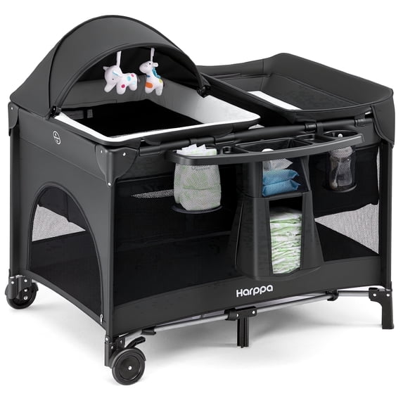 HARPPA 6-in-1 Baby Playard with Bassinet, Changing Table & Storage, Portable Travel Playard for Newborn,Black