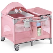 HARPPA 6-in-1 Baby Playard with Bassinet, Changing Table & Storage, Portable Travel Playard for Newborn,Pink