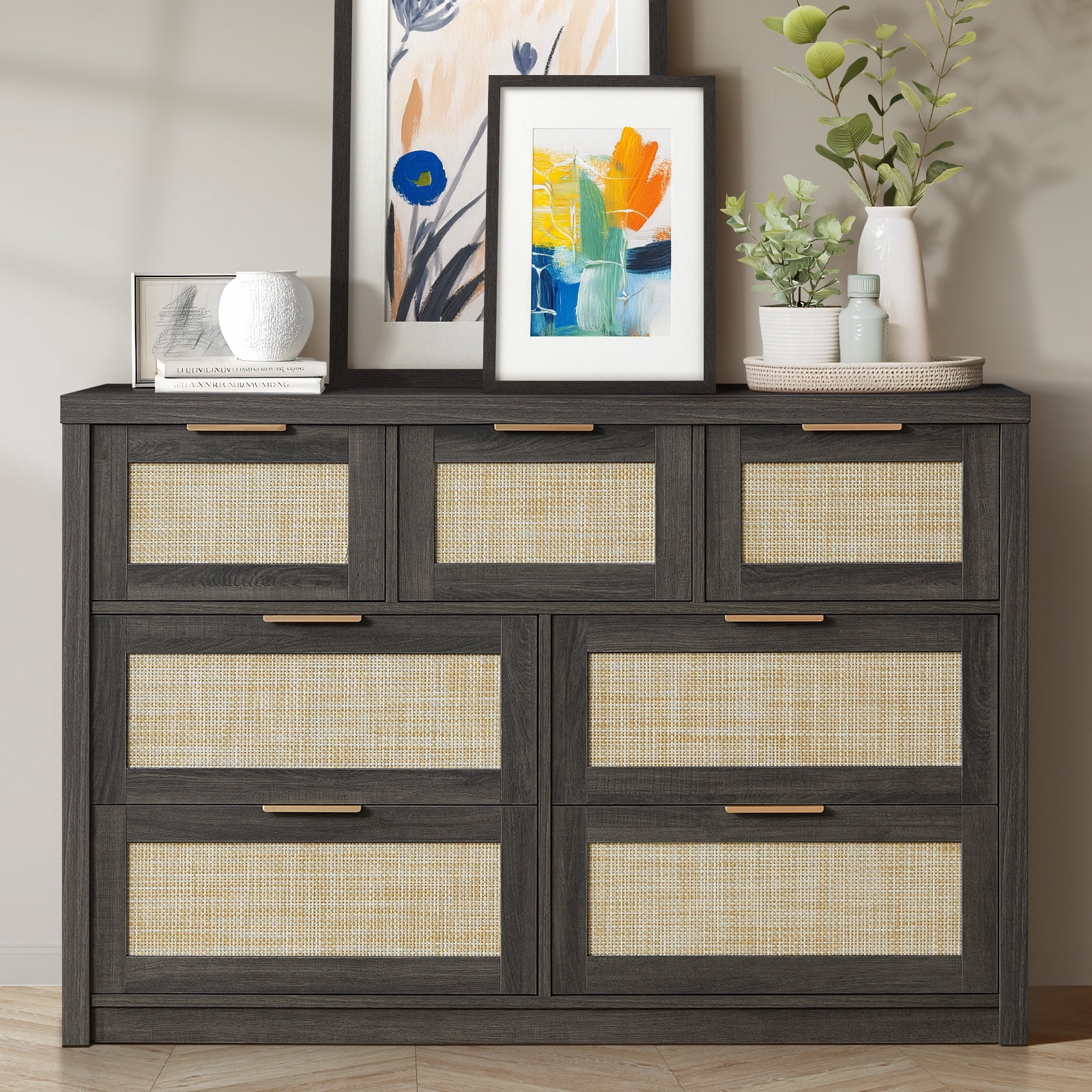 HARPPA 7 Drawer Rattan Dresser,Wood Storage Closet,Bohemian Chest of ...