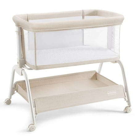 HARPPA Baby Bassinet, 6 Height Adjustable Baby Bassinet with Storage & Wheels for Infants, Beige