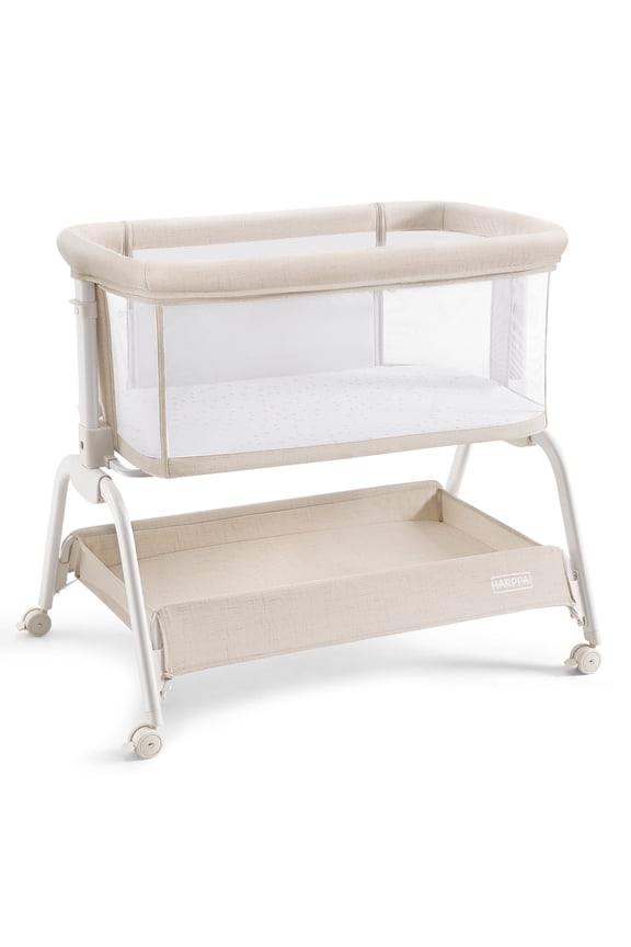 Baby Bassinet, 6 Height Adjustable Baby Bassinet with Storage & Wheels for Infants, Beige