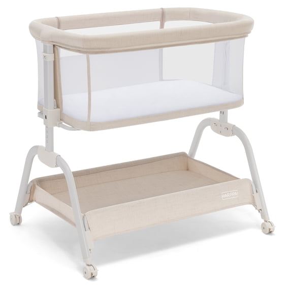 HARPPA Baby Bassinet, 6 Height Adjustable Baby Bassinet with Storage & Wheels for Infants, Beige