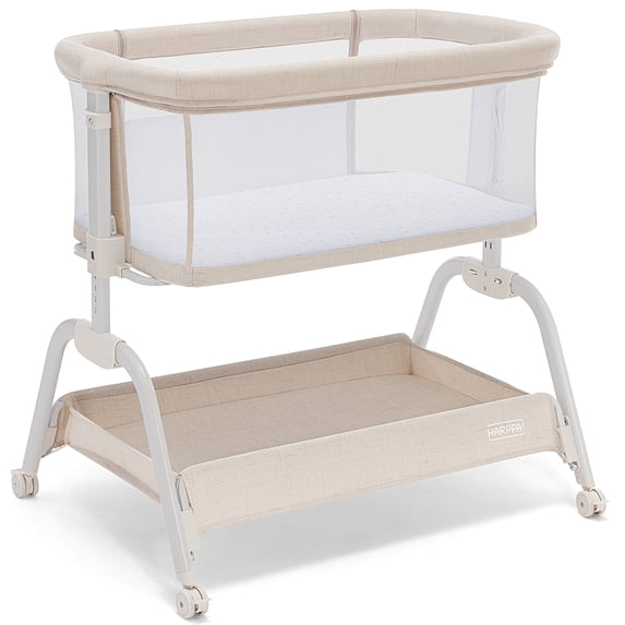 HARPPA Baby Bassinet, 6 Height Adjustable Baby Bassinet with Storage & Wheels for Infants, Beige