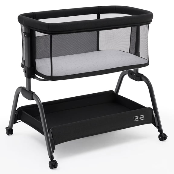 HARPPA Bassinet Bedside Sleeper, Bedside Bassinet with Storage & Wheels for Infants, Black