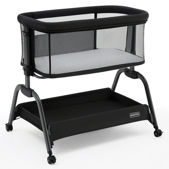HARPPA Bassinet Bedside Sleeper, Bedside Bassinet with Storage & Wheels for Infants, Black