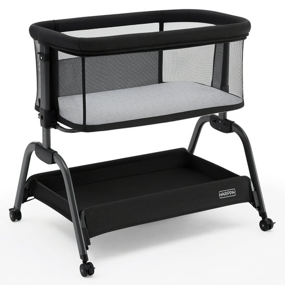 HARPPA Bassinet Bedside Sleeper, Bedside Bassinet with Storage & Wheels for Infants, Black