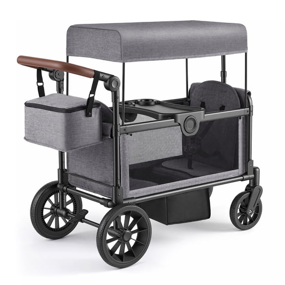 HARPPA Foldable Wagon Stroller for 2 Kids, Kids Wagon with Canopy, 5-Point Harness, Bench Seat, Gray