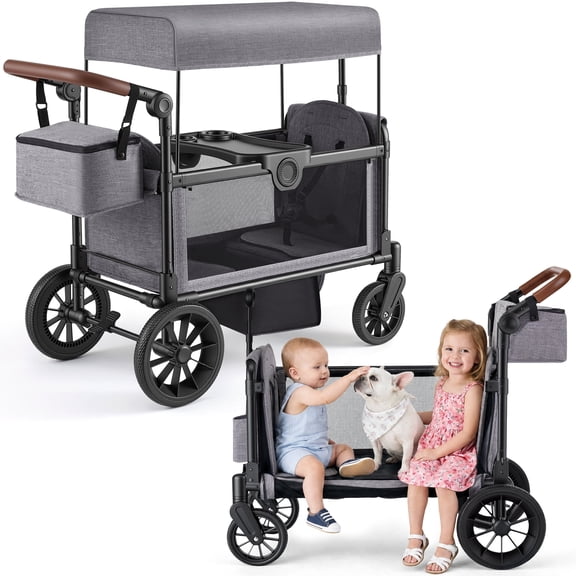 HARPPA Foldable Wagon Stroller for 2 Kids, Kids Wagon with Canopy, 5-Point Harness, Bench Seat, Gray