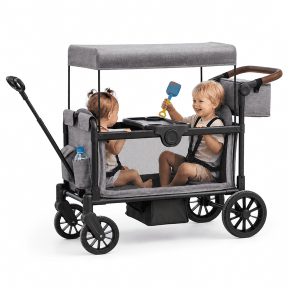 HARPPA 2 Seater Wagon Stroller, Double Baby Wagon Stroller with 5-Point Harness, Canopy, Bench Seat, Gray