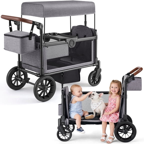 HARPPA Foldable Wagon Stroller for 2 Kids, Kids Wagon with Canopy, 5-Point Harness, Bench Seat, Gray