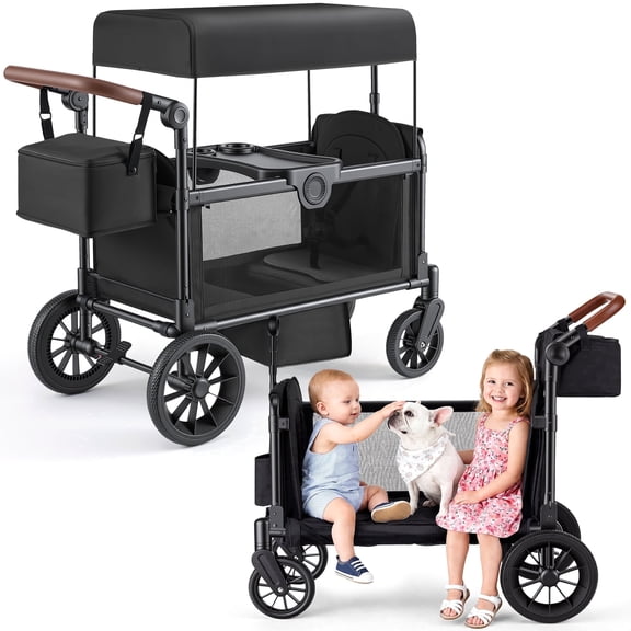 HARPPA Wagon Stroller for 2 Kids, Foldable Kids Wagon with Canopy, 5-Point Harness,Bench Seat, All-Terrain Toddler Wagon Stroller, Black