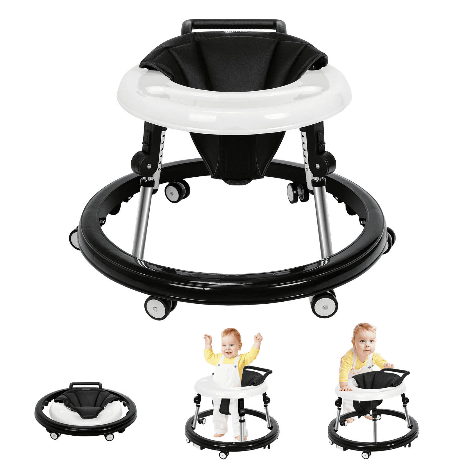 HARPPA Foldable Baby Walker, Sit to Stand Activity Center with Wheels, Seat  and Height Adjustable (Black)