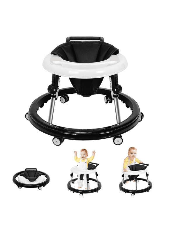 HARPPA Foldable Baby Walker for Babies 6-24 Months, Anti-Rollover, Seat and Height Adjustable, Black