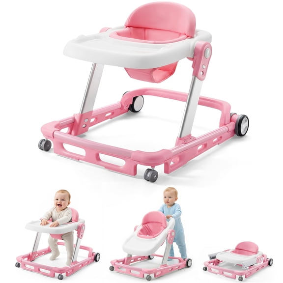 HARPPA Baby Walker for Babies 6-18 Months, Anti-Rollover, Seat and Height Adjustable, Pink