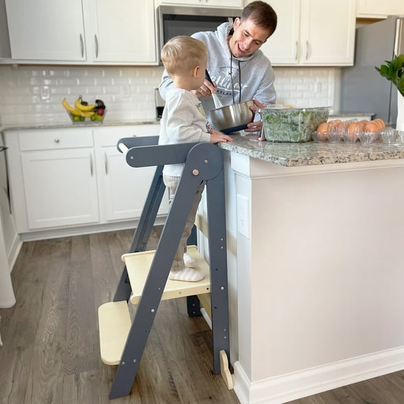 HARPPA Foldable Toddler Kitchen Tower, Standing Stools for Kids Age 1.5-6 Years, Gray